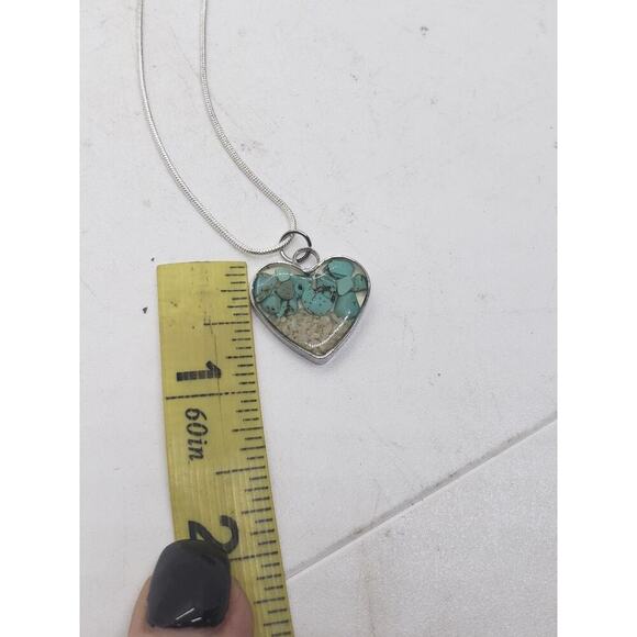 Heart Shaped Pendant Necklace Silver with Turquoise Chip & Beach Sand Inlay - Picture 9 of 14